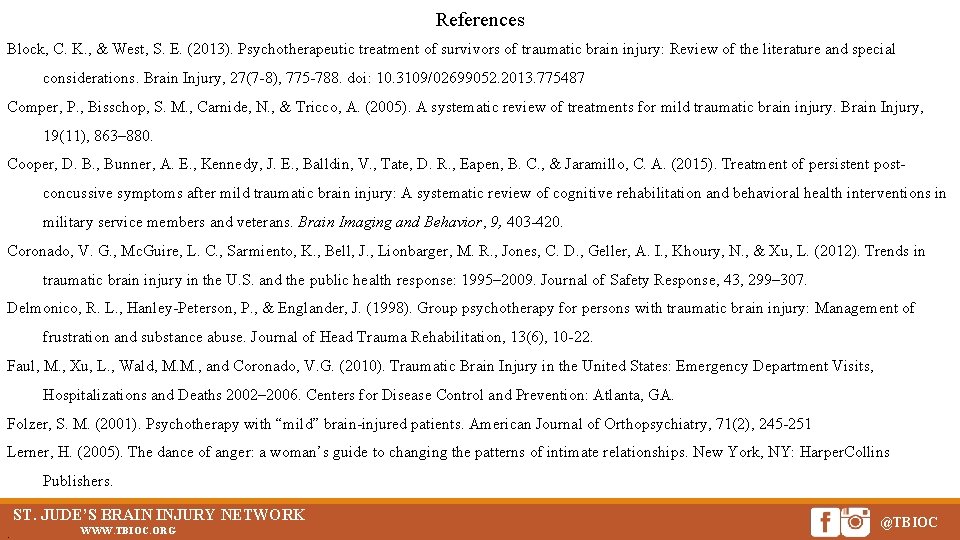 References Block, C. K. , & West, S. E. (2013). Psychotherapeutic treatment of survivors