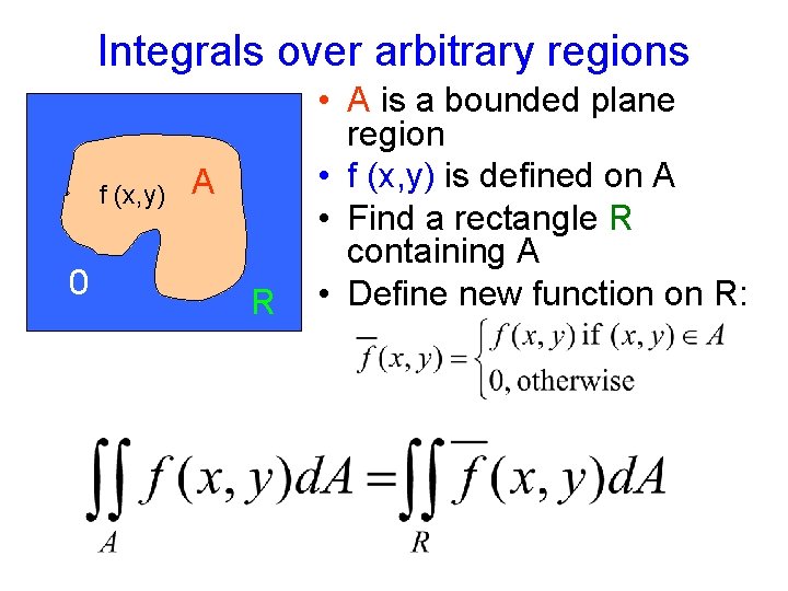 Integrals over arbitrary regions f (x, y) 0 A R • A is a