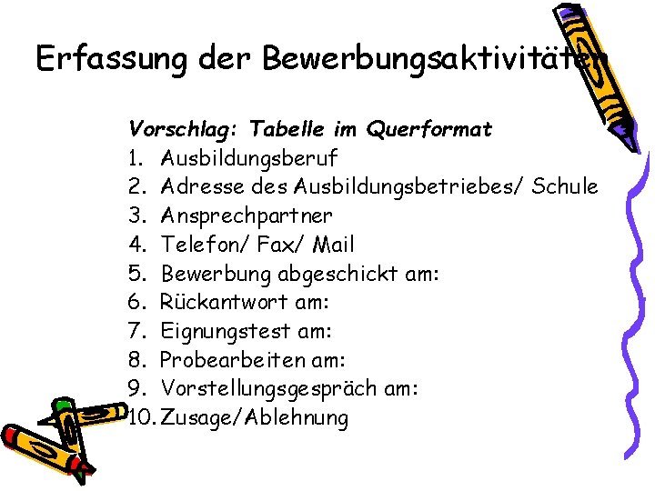 Erfassung der Bewerbungsaktivitäten Vorschlag: Tabelle im Querformat 1. Ausbildungsberuf 2. Adresse des Ausbildungsbetriebes/ Schule
