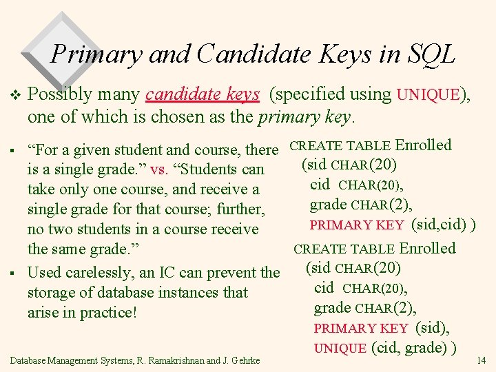 Primary and Candidate Keys in SQL v § § Possibly many candidate keys (specified