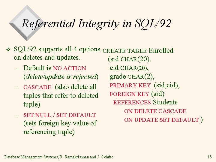 Referential Integrity in SQL/92 v SQL/92 supports all 4 options CREATE TABLE Enrolled on