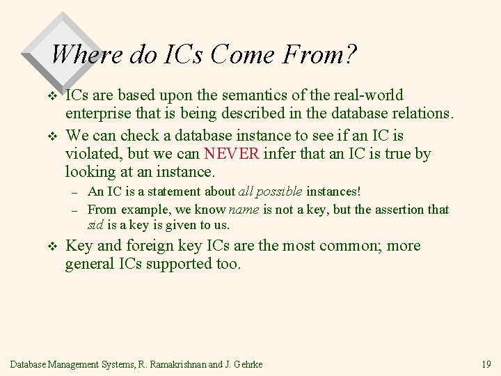 Where do ICs Come From? v v ICs are based upon the semantics of