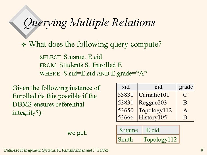 Querying Multiple Relations v What does the following query compute? SELECT S. name, E.