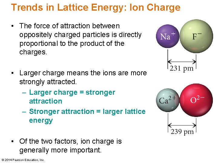 Trends in Lattice Energy: Ion Charge • The force of attraction between oppositely charged