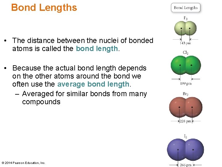 Bond Lengths • The distance between the nuclei of bonded atoms is called the