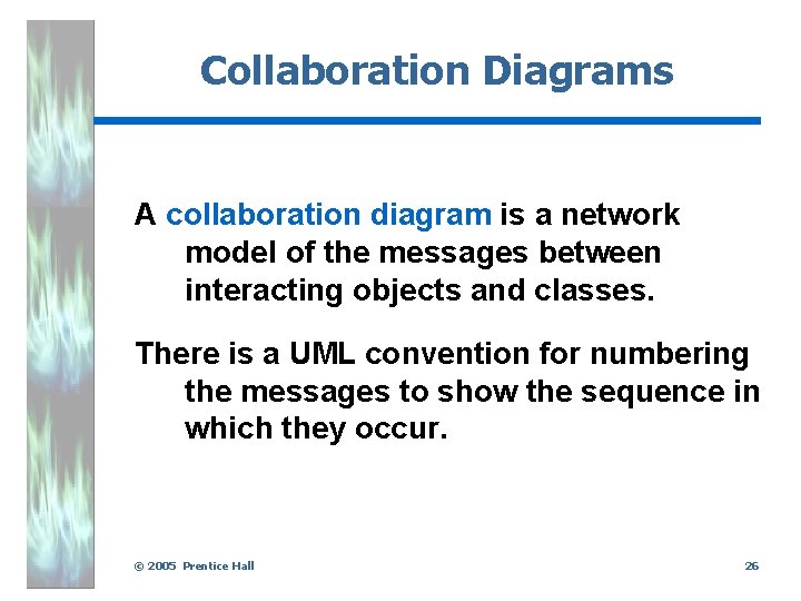 Collaboration Diagrams A collaboration diagram is a network model of the messages between interacting