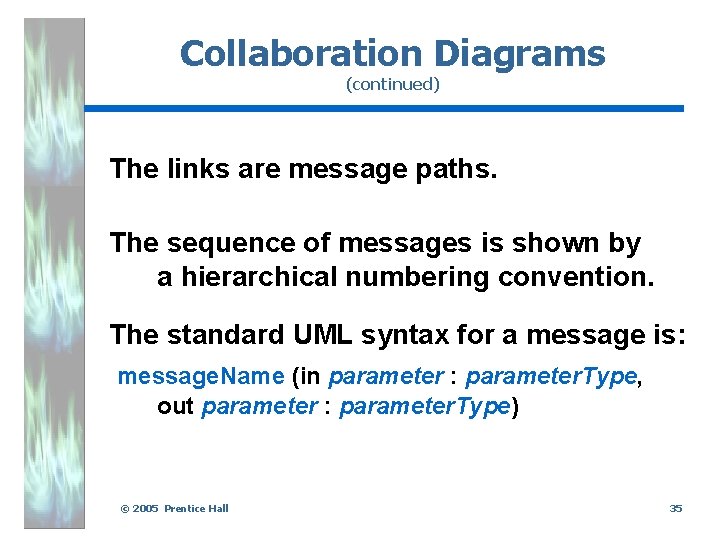 Collaboration Diagrams (continued) The links are message paths. The sequence of messages is shown