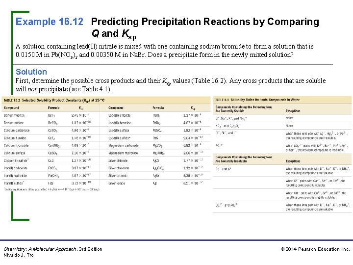 Example 16. 12 Predicting Precipitation Reactions by Comparing Q and Ksp A solution containing