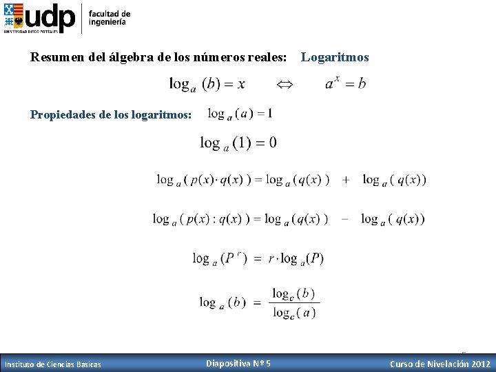 Resumen del álgebra de los números reales: Logaritmos Propiedades de los logaritmos: Instituto de