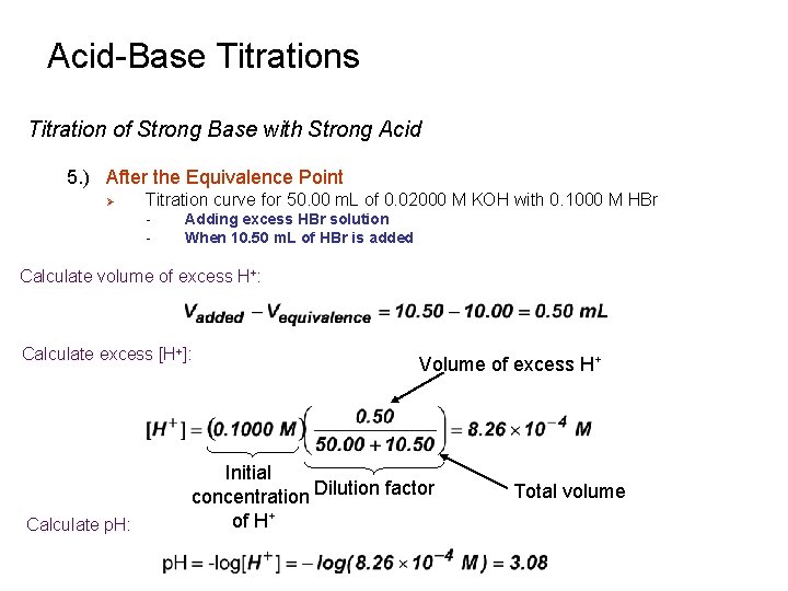 Acid-Base Titrations Titration of Strong Base with Strong Acid 5. ) After the Equivalence
