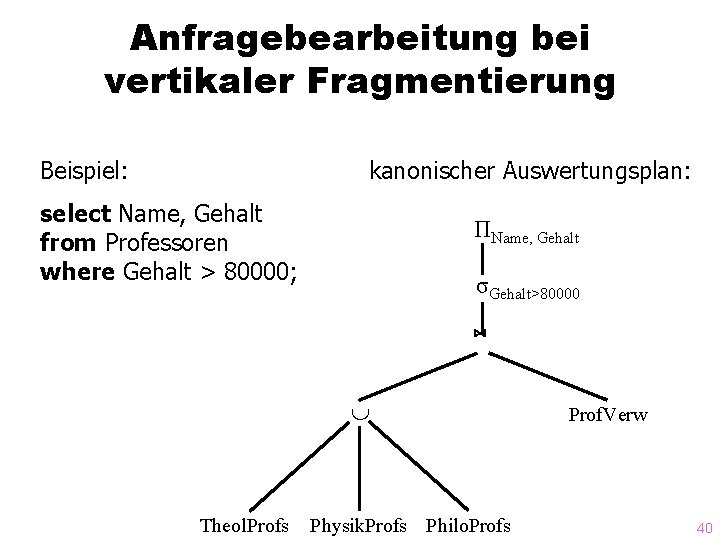 Anfragebearbeitung bei vertikaler Fragmentierung kanonischer Auswertungsplan: Beispiel: select Name, Gehalt from Professoren where Gehalt