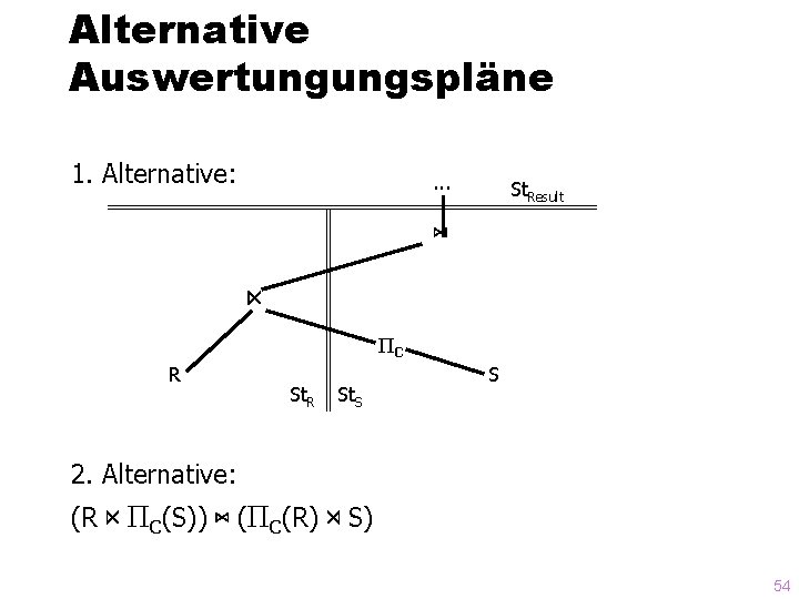 Alternative Auswertungungspläne 1. Alternative: . . . St. Result ⋈ ⋉ ΠC R St.