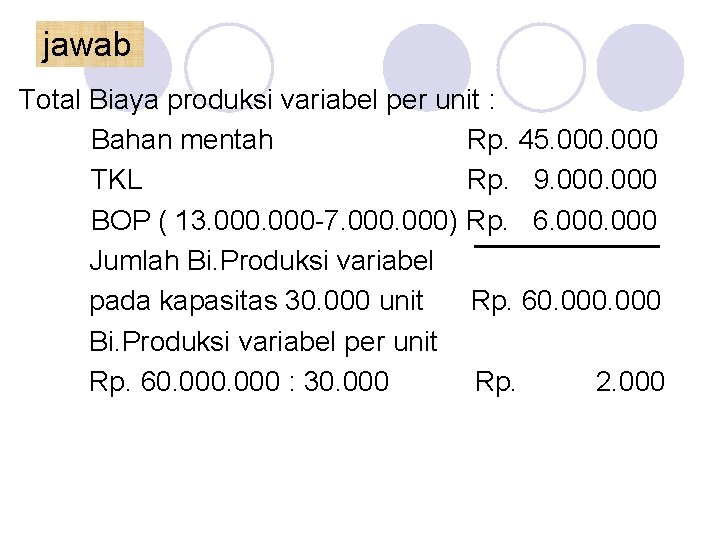 jawab Total Biaya produksi variabel per unit : Bahan mentah Rp. 45. 000 TKL