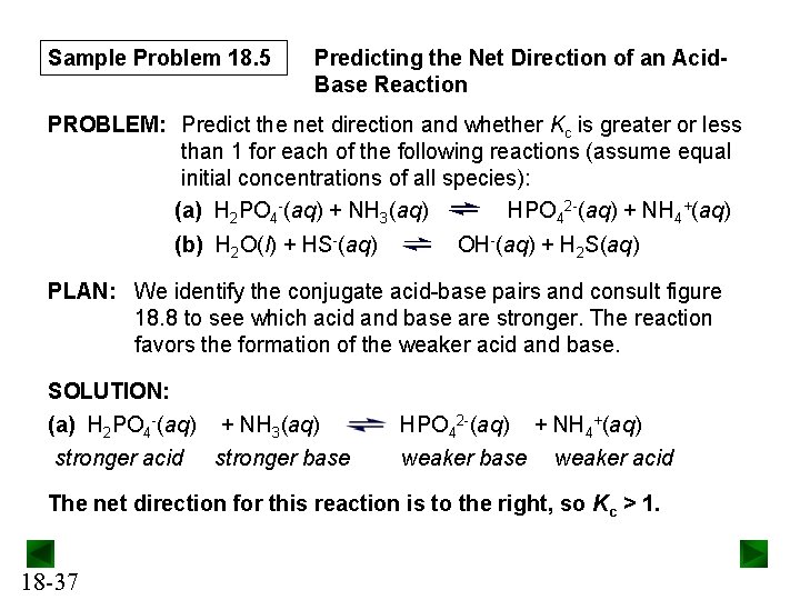 Sample Problem 18. 5 Predicting the Net Direction of an Acid. Base Reaction PROBLEM: