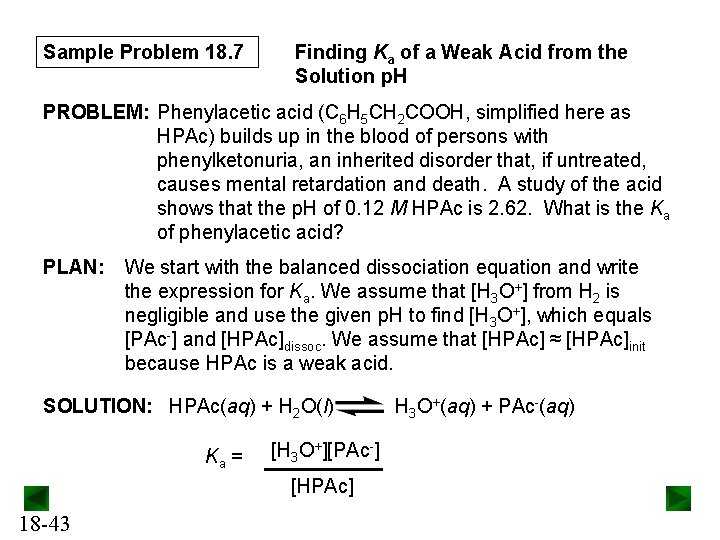 Sample Problem 18. 7 Finding Ka of a Weak Acid from the Solution p.