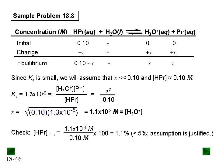 Sample Problem 18. 8 Concentration (M) Initial Change Equilibrium HPr(aq) + H 2 O(l)