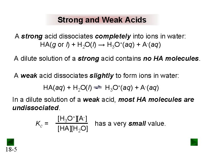 Strong and Weak Acids A strong acid dissociates completely into ions in water: HA(g