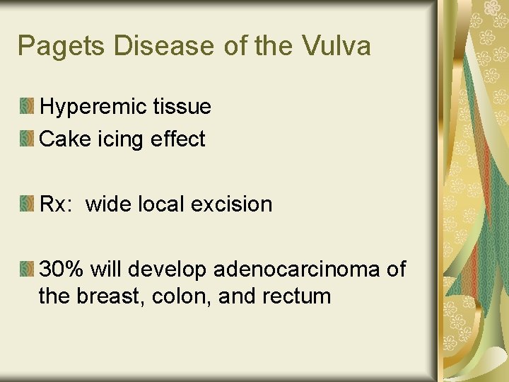 Pagets Disease of the Vulva Hyperemic tissue Cake icing effect Rx: wide local excision
