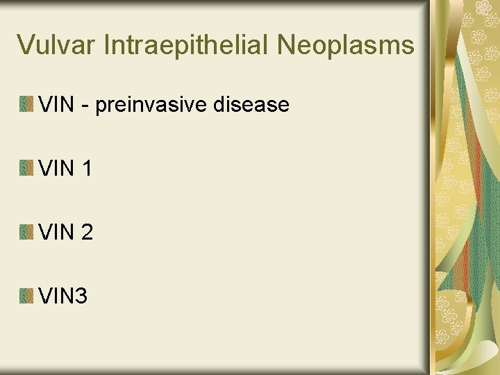 Vulvar Intraepithelial Neoplasms VIN - preinvasive disease VIN 1 VIN 2 VIN 3 