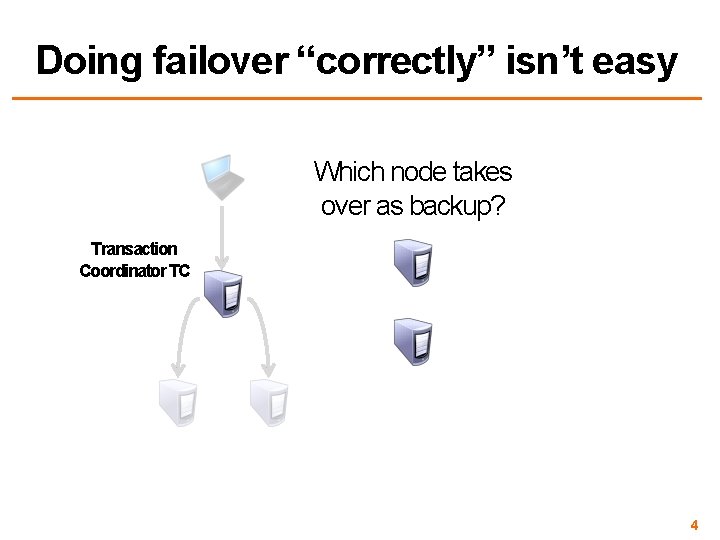 Doing failover “correctly” isn’t easy Which node takes over as backup? Transaction Coordinator TC