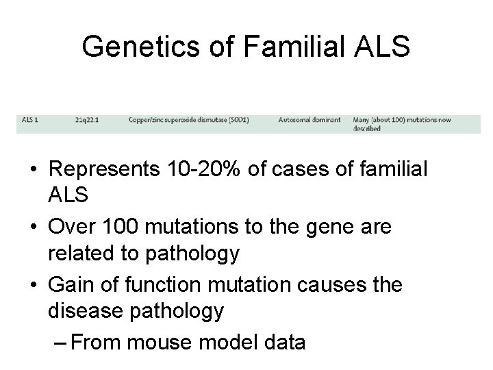 Genetics of Familial ALS • Represents 10 -20% of cases of familial ALS •