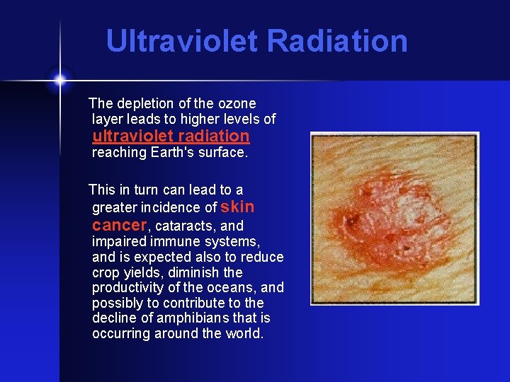 Ultraviolet Radiation The depletion of the ozone layer leads to higher levels of ultraviolet