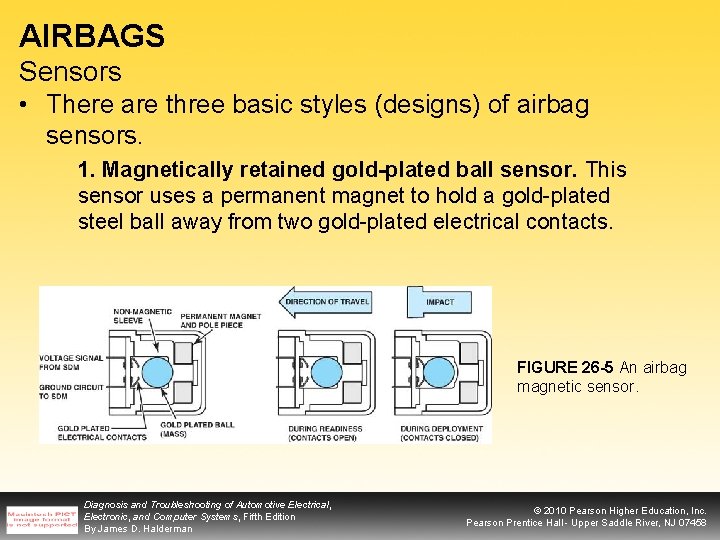 AIRBAGS Sensors • There are three basic styles (designs) of airbag sensors. 1. Magnetically