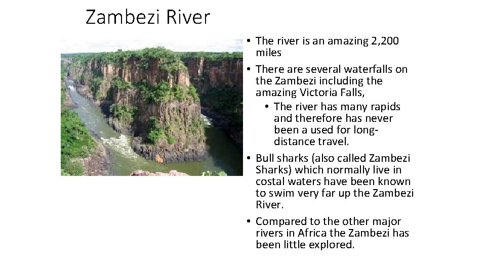 Zambezi River • The river is an amazing 2, 200 miles • There are