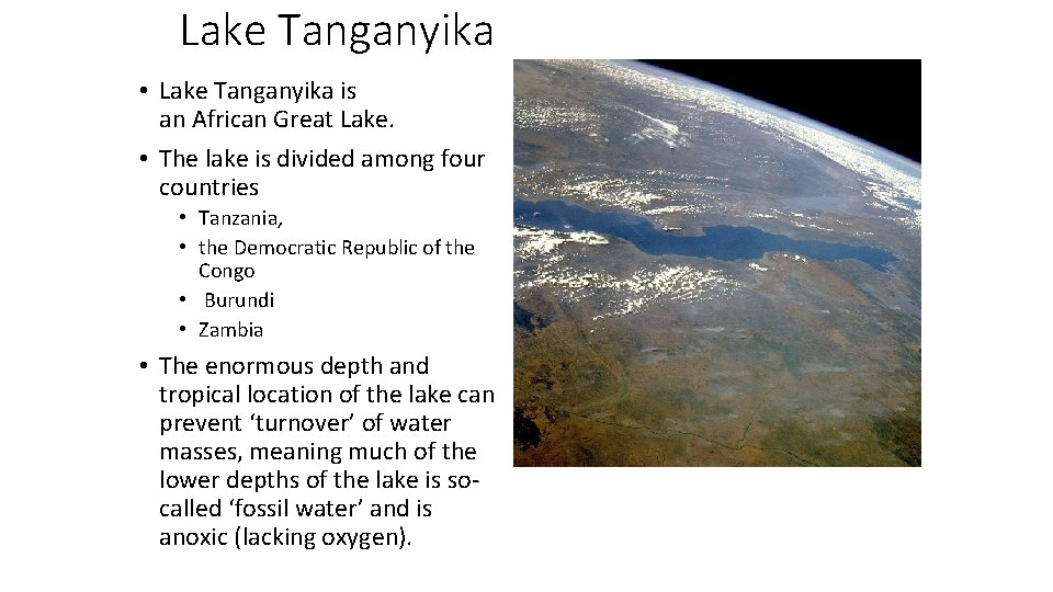Lake Tanganyika • Lake Tanganyika is an African Great Lake. • The lake is