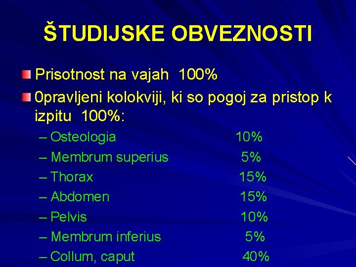 ŠTUDIJSKE OBVEZNOSTI Prisotnost na vajah 100% 0 pravljeni kolokviji, ki so pogoj za pristop