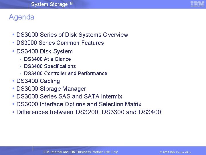 System Storage. TM Agenda • DS 3000 Series of Disk Systems Overview • DS