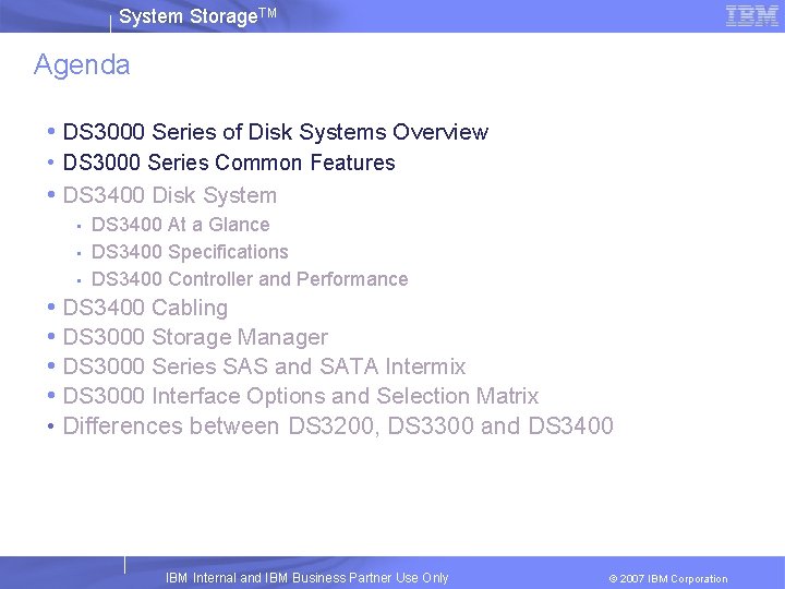 System Storage. TM Agenda • DS 3000 Series of Disk Systems Overview • DS