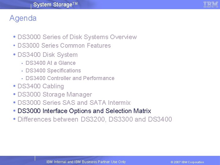 System Storage. TM Agenda • DS 3000 Series of Disk Systems Overview • DS