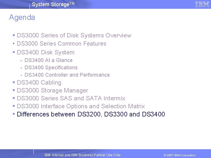 System Storage. TM Agenda • DS 3000 Series of Disk Systems Overview • DS