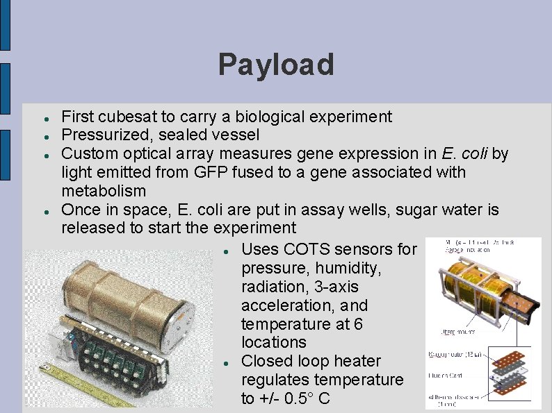 Payload First cubesat to carry a biological experiment Pressurized, sealed vessel Custom optical array