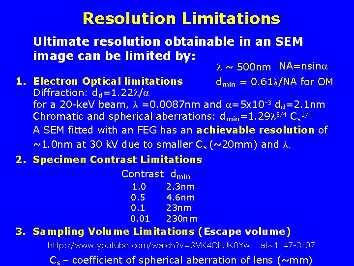 Resolution Limitations Ultimate resolution obtainable in an SEM image can be limited by: ~