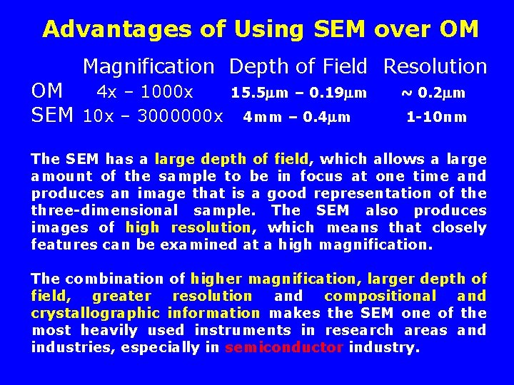 Advantages of Using SEM over OM Magnification Depth of Field Resolution OM 4 x