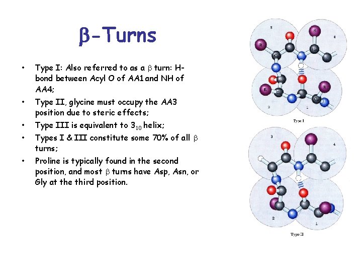 b-Turns • Type I: Also referred to as a b turn: Hbond between Acyl