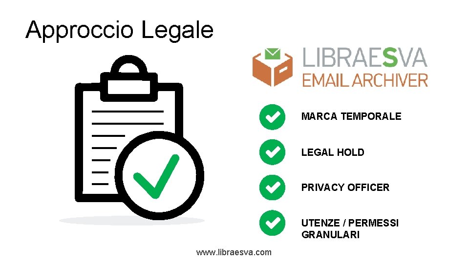 Approccio Legale MARCA TEMPORALE LEGAL HOLD PRIVACY OFFICER UTENZE / PERMESSI GRANULARI www. libraesva.