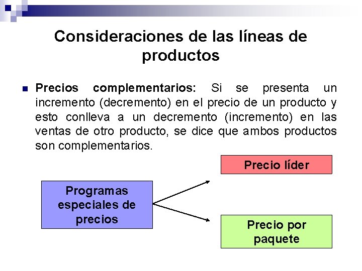Consideraciones de las líneas de productos n Precios complementarios: Si se presenta un incremento Consideraciones de las líneas de productos n Precios complementarios: Si se presenta un incremento