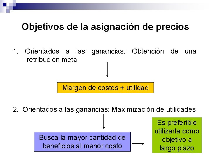 Objetivos de la asignación de precios 1. Orientados a las ganancias: Obtención de una Objetivos de la asignación de precios 1. Orientados a las ganancias: Obtención de una