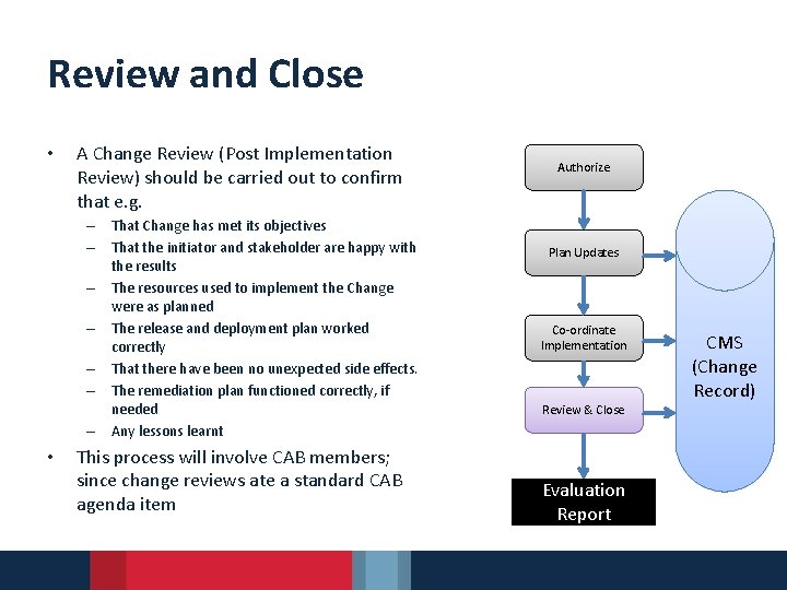 Review and Close • A Change Review (Post Implementation Review) should be carried out