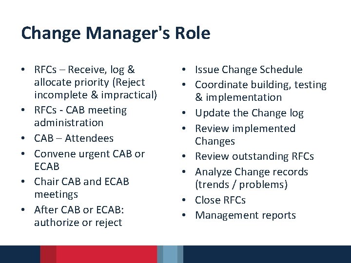 Change Manager's Role • RFCs – Receive, log & allocate priority (Reject incomplete &