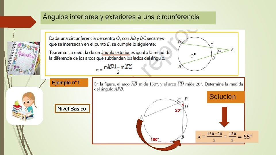 Ángulos interiores y exteriores a una circunferencia Ejemplo n° 1 Solución x 20° Nivel