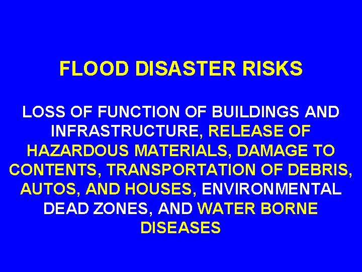 FLOOD DISASTER RISKS LOSS OF FUNCTION OF BUILDINGS AND INFRASTRUCTURE, RELEASE OF HAZARDOUS MATERIALS,