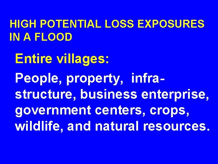 HIGH POTENTIAL LOSS EXPOSURES IN A FLOOD Entire villages: People, property, infrastructure, business enterprise,