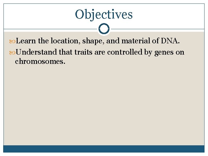 Objectives Learn the location, shape, and material of DNA. Understand that traits are controlled