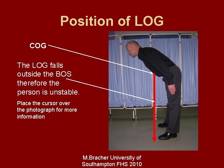 Position of LOG COG The LOG falls outside the BOS therefore the person is