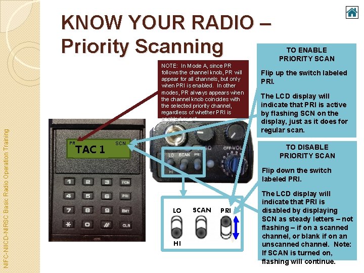 KNOW YOUR RADIO – Priority Scanning NIFC-NIICD-NIRSC Basic Radio Operation Training NOTE: In Mode