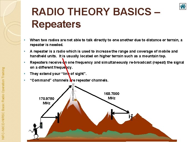 NIFC-NIICD-NIRSC Basic Radio Operation Training RADIO THEORY BASICS – Repeaters § When two radios